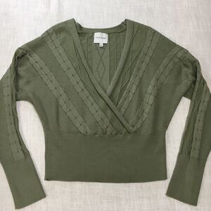 Pink Rose Faux Wrap Sweater Top Women L Green Ribbed V Neck Crop Ballet Boho